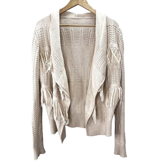 Open Front Fringe Sweater Cardigan Cream Wrap Angora Wool Blend size M - Picture 1 of 5